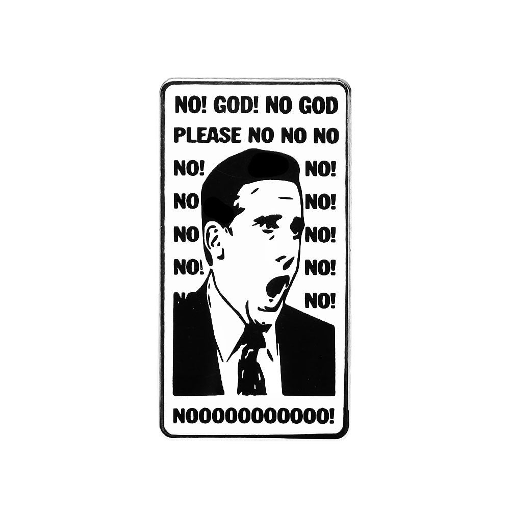 Metal brooch pin with black-and-white “NO! GOD!” text and portrait graphic