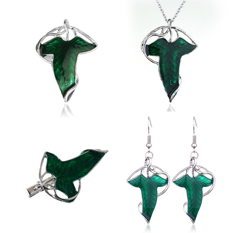 Elven leaf brooch pin, dark green enamel leaf with silver-tone frame (4-pack)