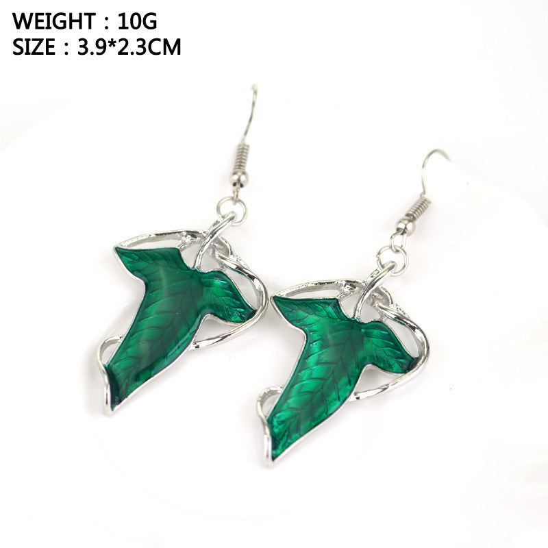 Elven leaf drop earrings, dark green enamel leaves with silver-tone hooks and loops