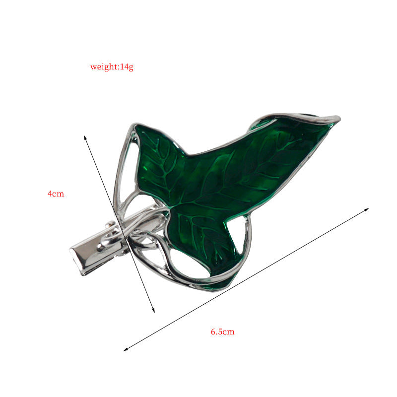 Elven leaf brooch pin, dark green enamel leaf with silver-tone clasp backing