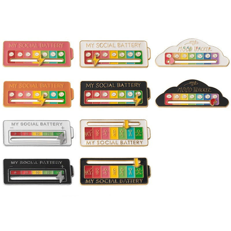 MY SOCIAL BATTERY mood slider pin set with colorful emotion icons on a rectangular badge