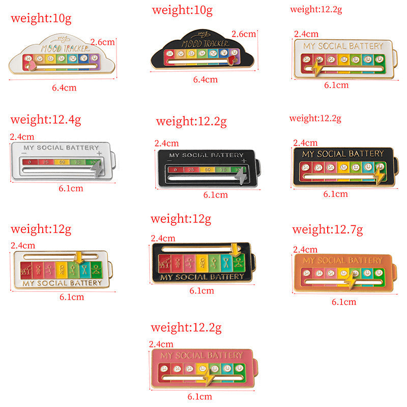 Mood slider pins size and weight guide with labeled measurements and colored styles