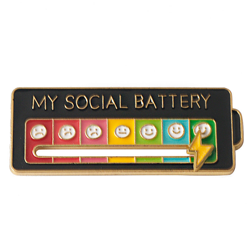 Black mood tracker pin with colorful slider faces and a yellow lightning arrow