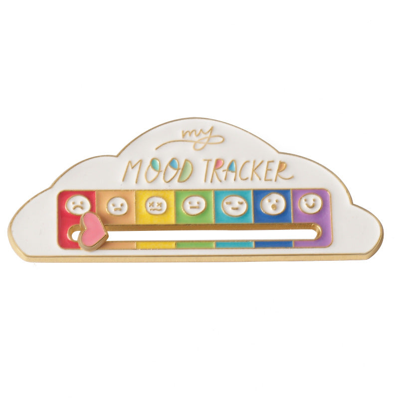 White cloud-shaped mood tracker pin with colorful emotion slider and pink heart icon
