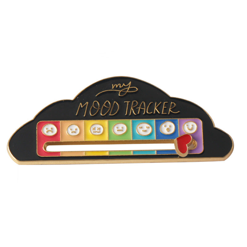 Black cloud mood tracker pin with rainbow emotion icons, red accent, and gold outline
