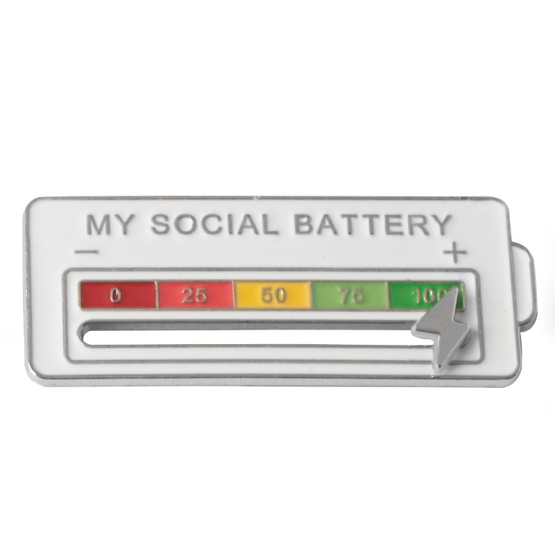 Silver back of MY SOCIAL BATTERY mood slider pin showing scale and plus/minus marks