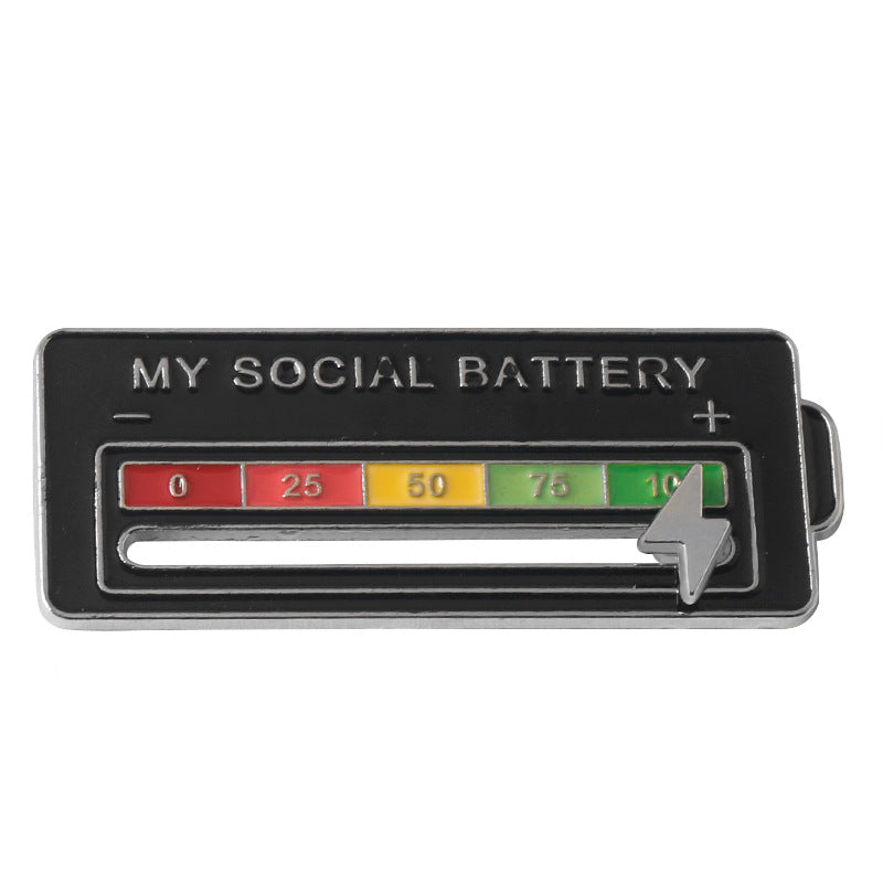 Black mood tracker pin with colored scale, plus sign, and yellow lightning arrow