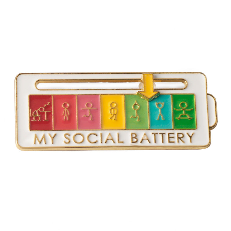 MY SOCIAL BATTERY pin, rainbow bars with yellow slider arrow