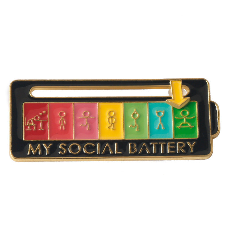 MY SOCIAL BATTERY pin with rainbow emotion silhouettes and safety pin loop