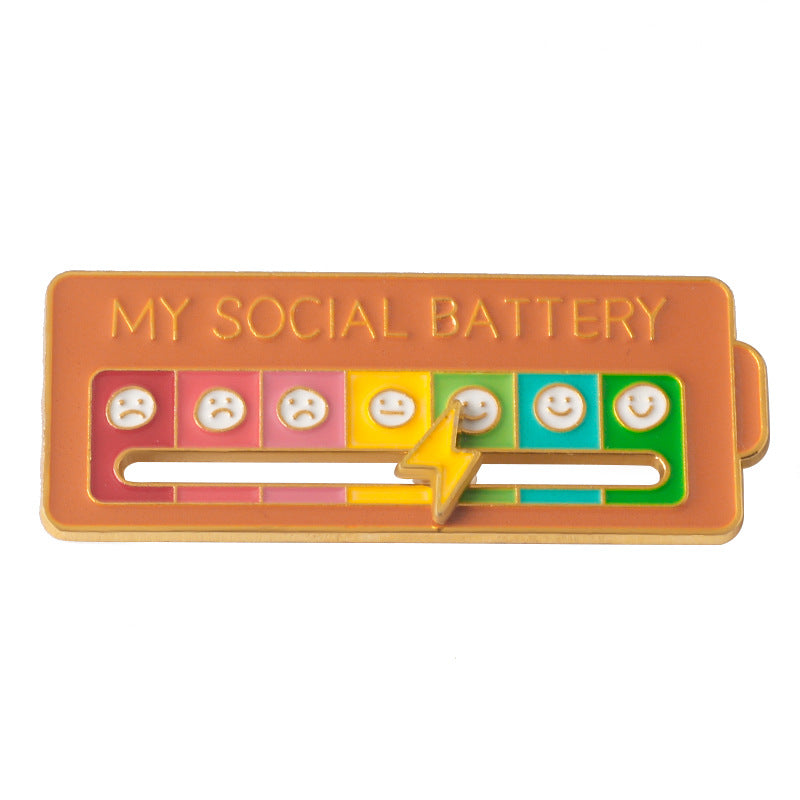 Orange mood tracker pin with colorful emotion scale and yellow lightning arrow