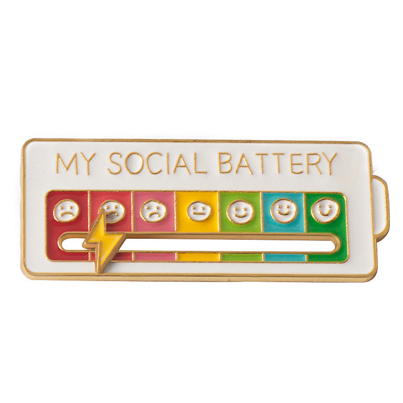 Cream mood tracker pin with colorful emotion scale and yellow lightning arrow