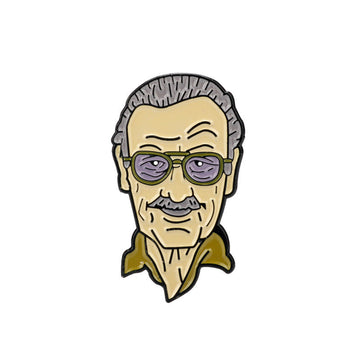 Stan Lee centennial pin with detailed portrait, purple glasses, yellow suit, black outline.