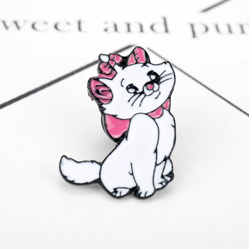 Duchess cat metal brooch, white cat with pink bow and flowers, enamel details