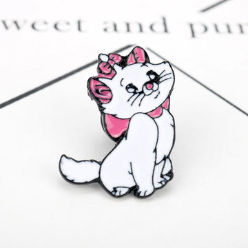 Duchess cat metal brooch, white cat with pink bow and flowers, enamel details