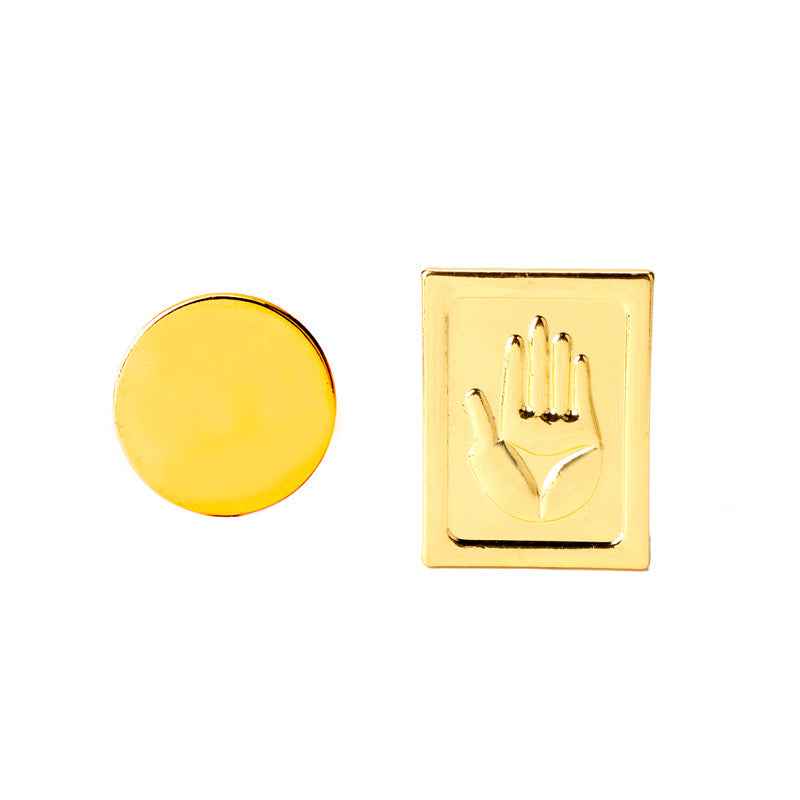 Jojo’s Jotaro Kujo gold metal brooch pair: round disc and square hand design
