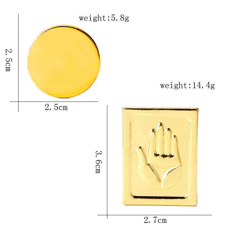 Gold round disc brooch and gold rectangular brooch with raised hand symbol design