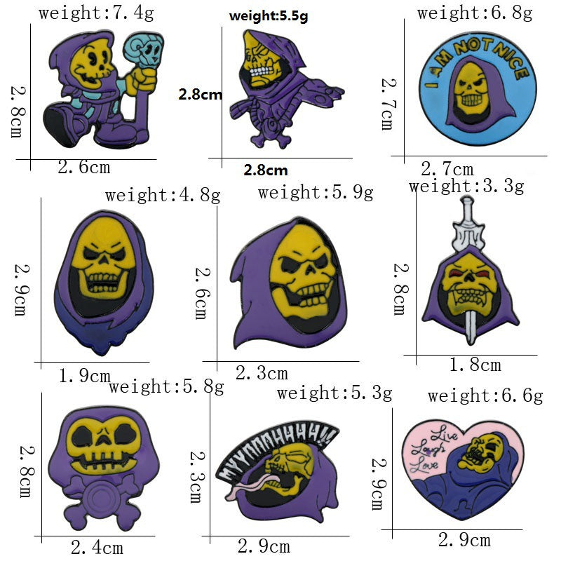 Nine purple Halloween Skull King brooch pins with labeled sizes and weights
