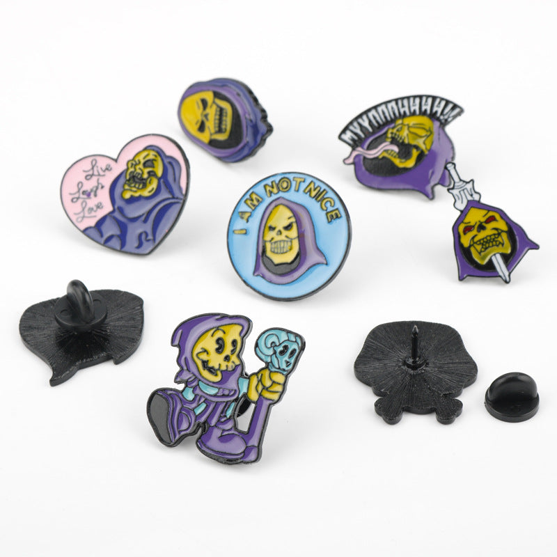 Skull King turban Halloween brooch pins with backs, purple enamel skull motifs