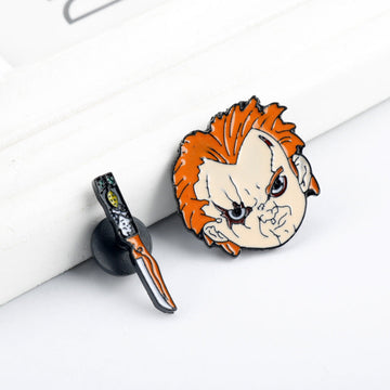 Knife-shaped enamel brooch pin, orange-haired character face (2-pack)