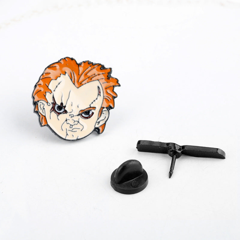Enamel metal brooch pin with black back clutch; orange-haired character face (2-pack)