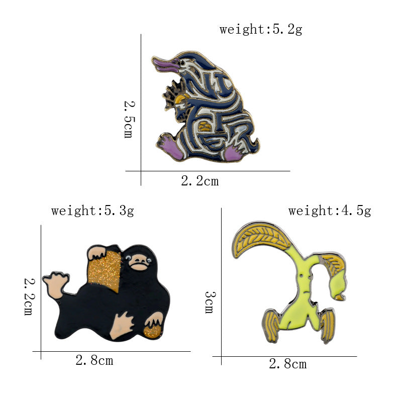 Niffler pins sizes: blue 2.2x2cm, black 2.8x2.2cm, yellow 2.8x2.1cm