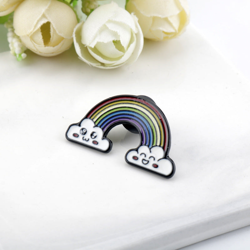 Rainbow bridge metal brooch with two smiling cloud ends, colorful rainbow stripes
