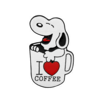 Snoopy mug love heart enamel metal brooch pin, red heart, “I ♥ COFFEE”