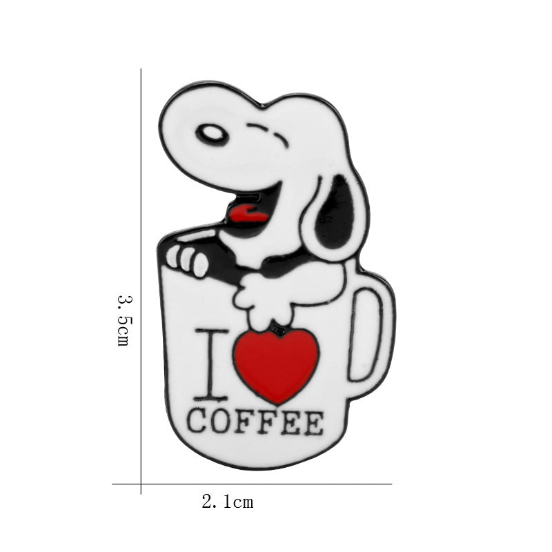 Snoopy mug love heart metal brooch pin, red heart and “I ♥ COFFEE”