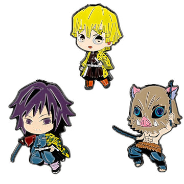 Metal brooch pins set of three anime characters: yellow, purple, and boar-hat designs