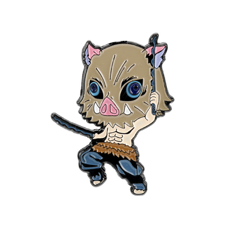 Boar-masked anime character metal brooch pin, blue outfit and wild hair design