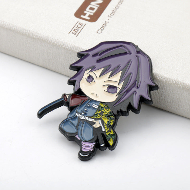 Purple-haired anime character metal brooch pin, standing pose with sword accessory