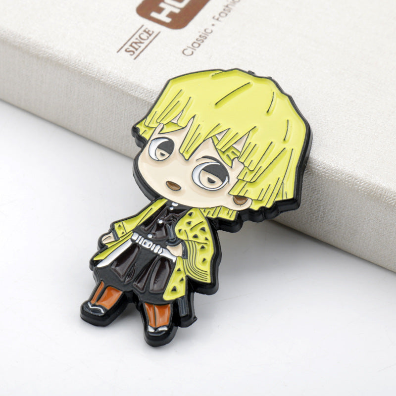 Yellow-haired anime character metal brooch pin, black-and-yellow outfit with coat details