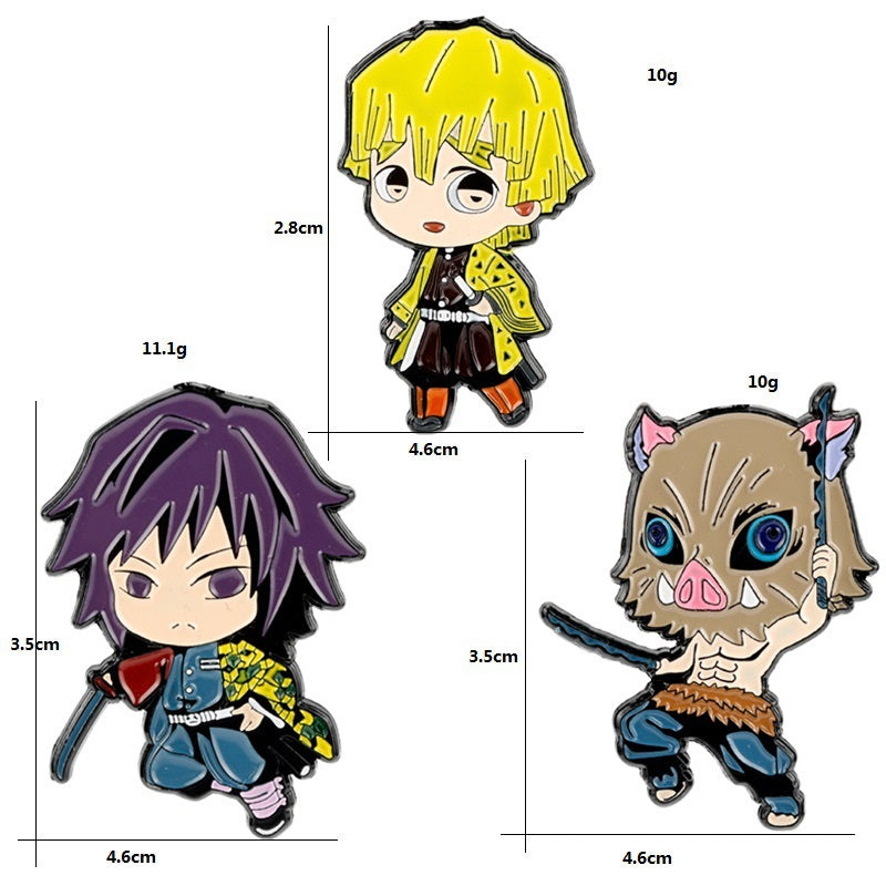 Demon Slayer metal brooch pin set: yellow, purple, and boar-hat character designs (3)