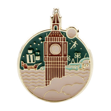 Nautical castle brooch pin, enamel waves and stars, gold-tone border