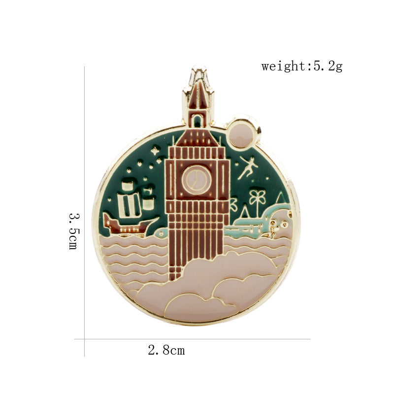 Nautical castle brooch pin, 2.8×3.5 cm, 5.2 g, waves and stars enamel
