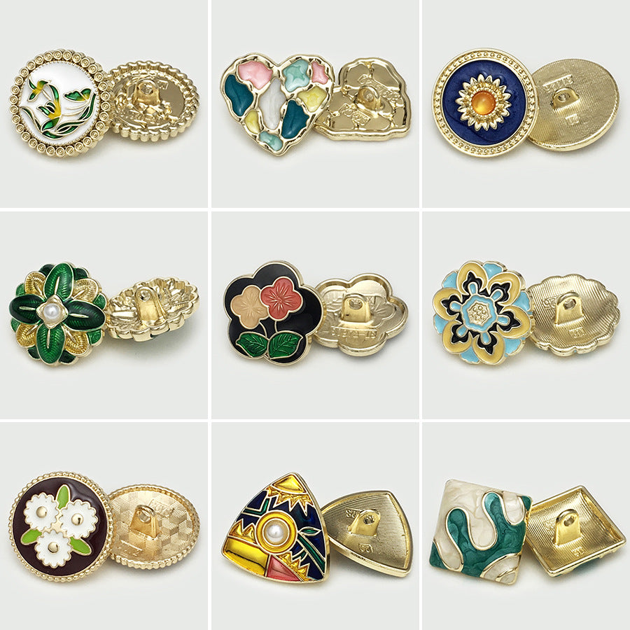 Cloisonné metal decorative buttons with loop, oval floral and butterfly motifs, gold trim