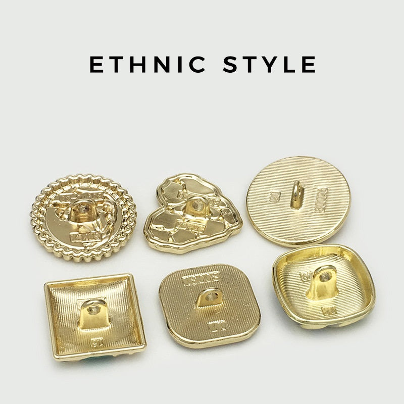 Vintage cloisonné metal buttons with loop backs, floral and geometric designs, gold tone