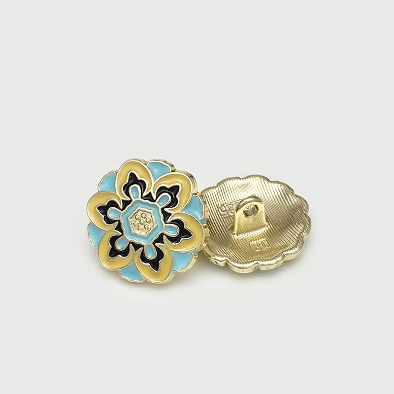 Cloisonné floral metal button with blue and gold enamel, scalloped edges, loop back