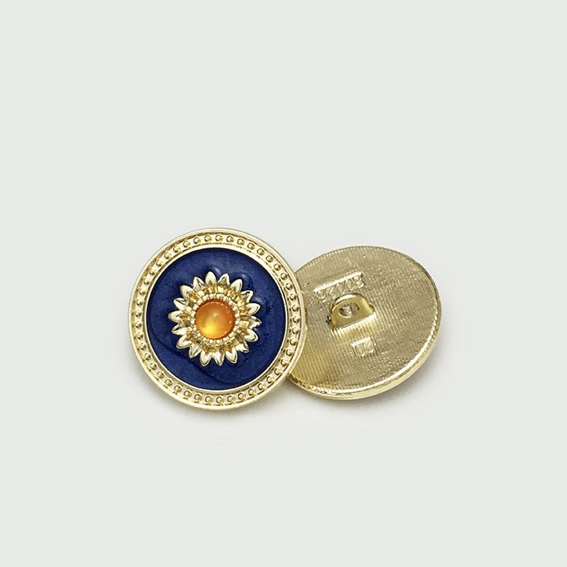 Cloisonné metal button with loop, round blue enamel center with sunburst floral, gold rim