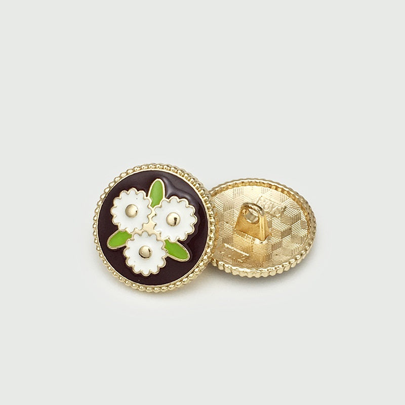 Cloisonné metal button with loop, round dark enamel floral with white blossoms, gold trim