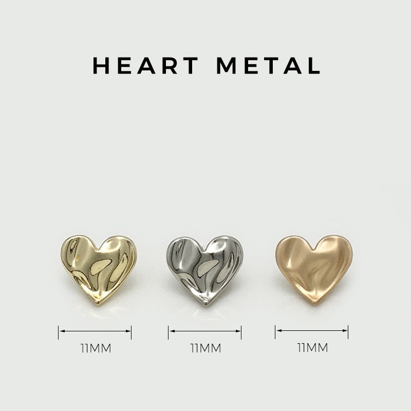 Heart metal buttons, 11mm, concave-convex with loop (light gold, silver, gold)