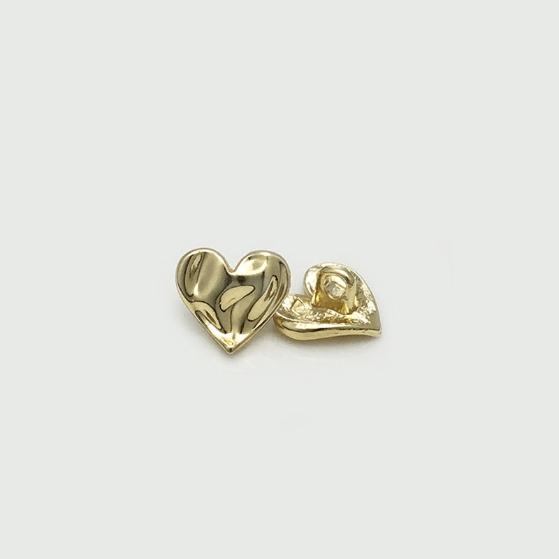 Gold heart metal button with loop, concave-convex front and back