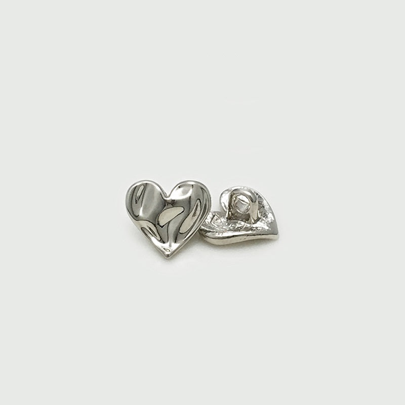 Silver heart metal button with loop, concave-convex front and back