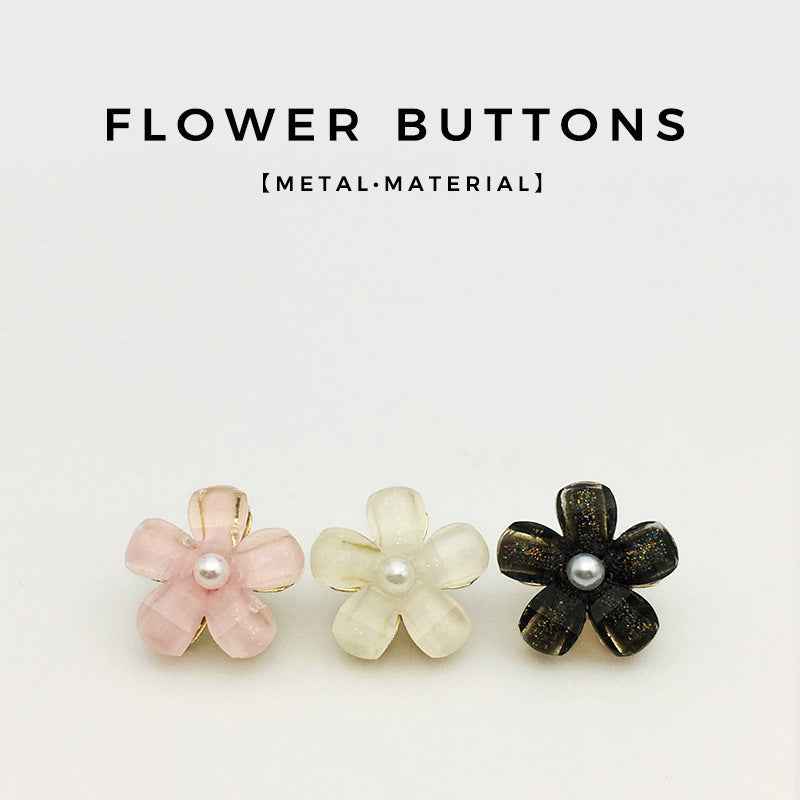Set of flower pearl metal buttons: pink, white, and black flowers with center pearls.