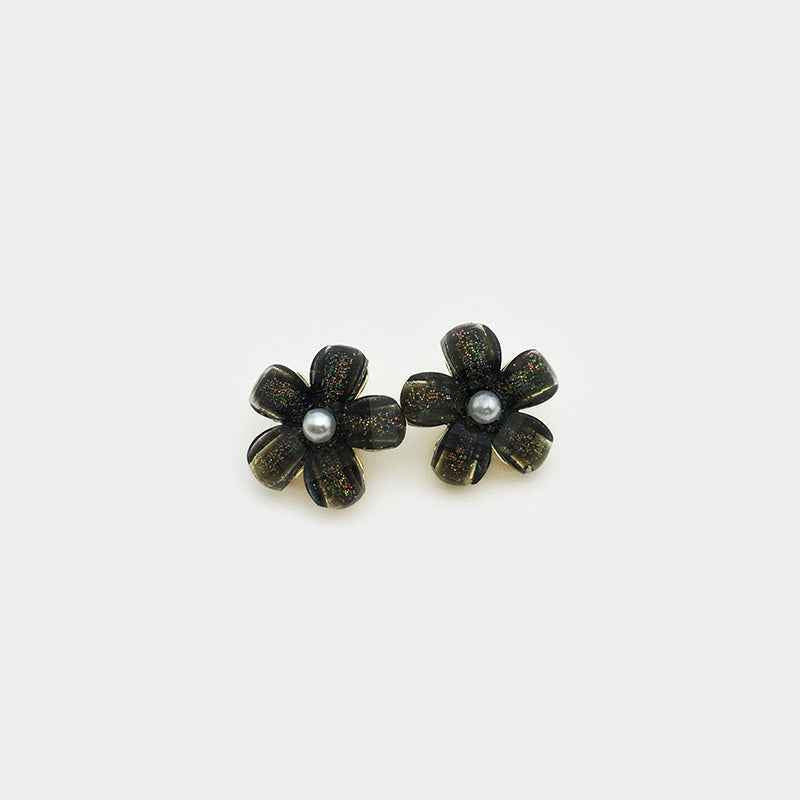 Black flower pearl metal buttons, two flowers with glittery petals and white center pearls.