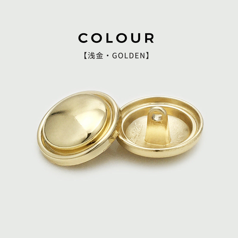 Golden round mushroom metal buttons, slim curved edge, front view