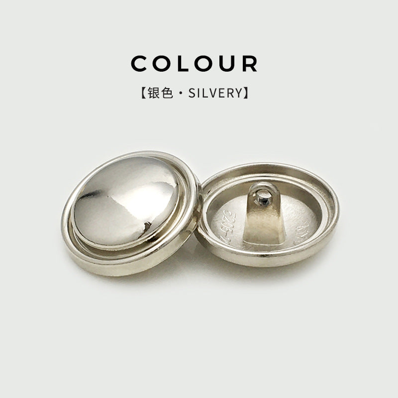 Silver round mushroom metal buttons, slim curved edge, front view