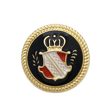 Crown crest round metal button with shank, gold-tone frame and black enamel front