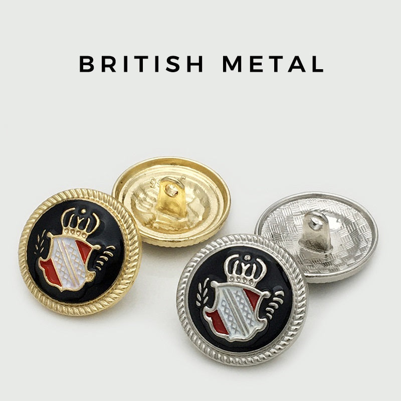 Round crown crest buttons in gold and silver finishes; front faces and shank backs