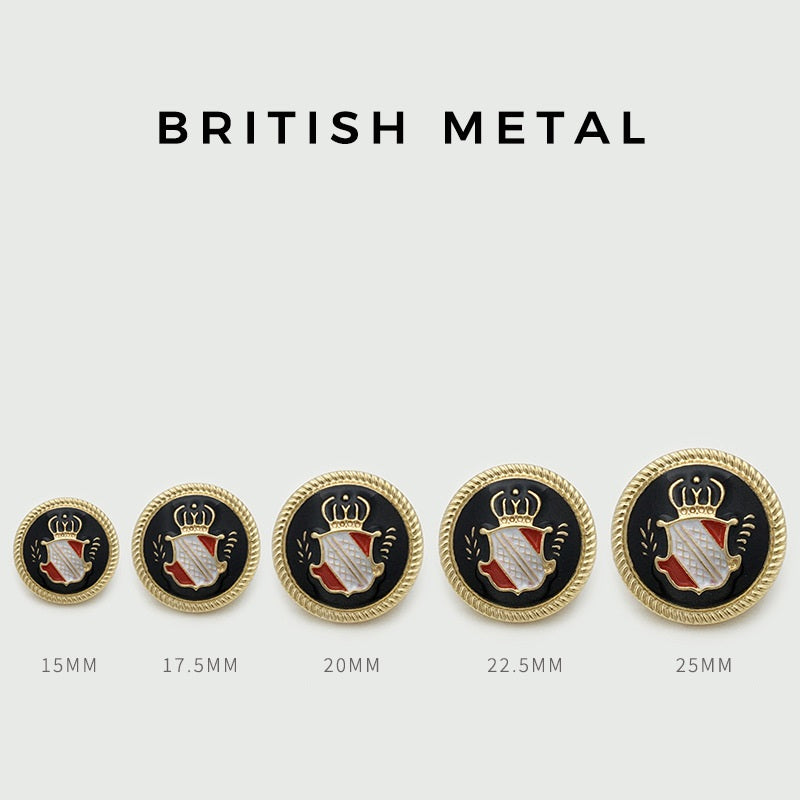 Crown crest round metal buttons, 15–25mm sizes shown; black enamel with gold rim